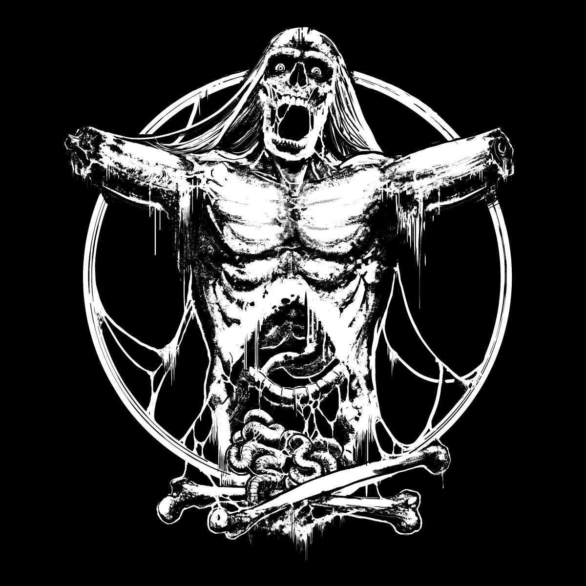 Consolation shirt design: a screaming crucified ghoul inside a circle