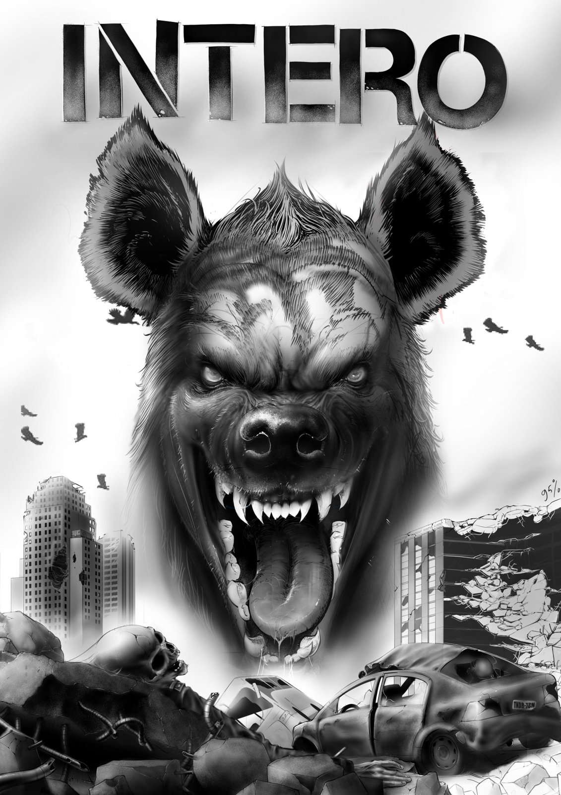 Intero artwork: a snarling hyena over a wrecked city