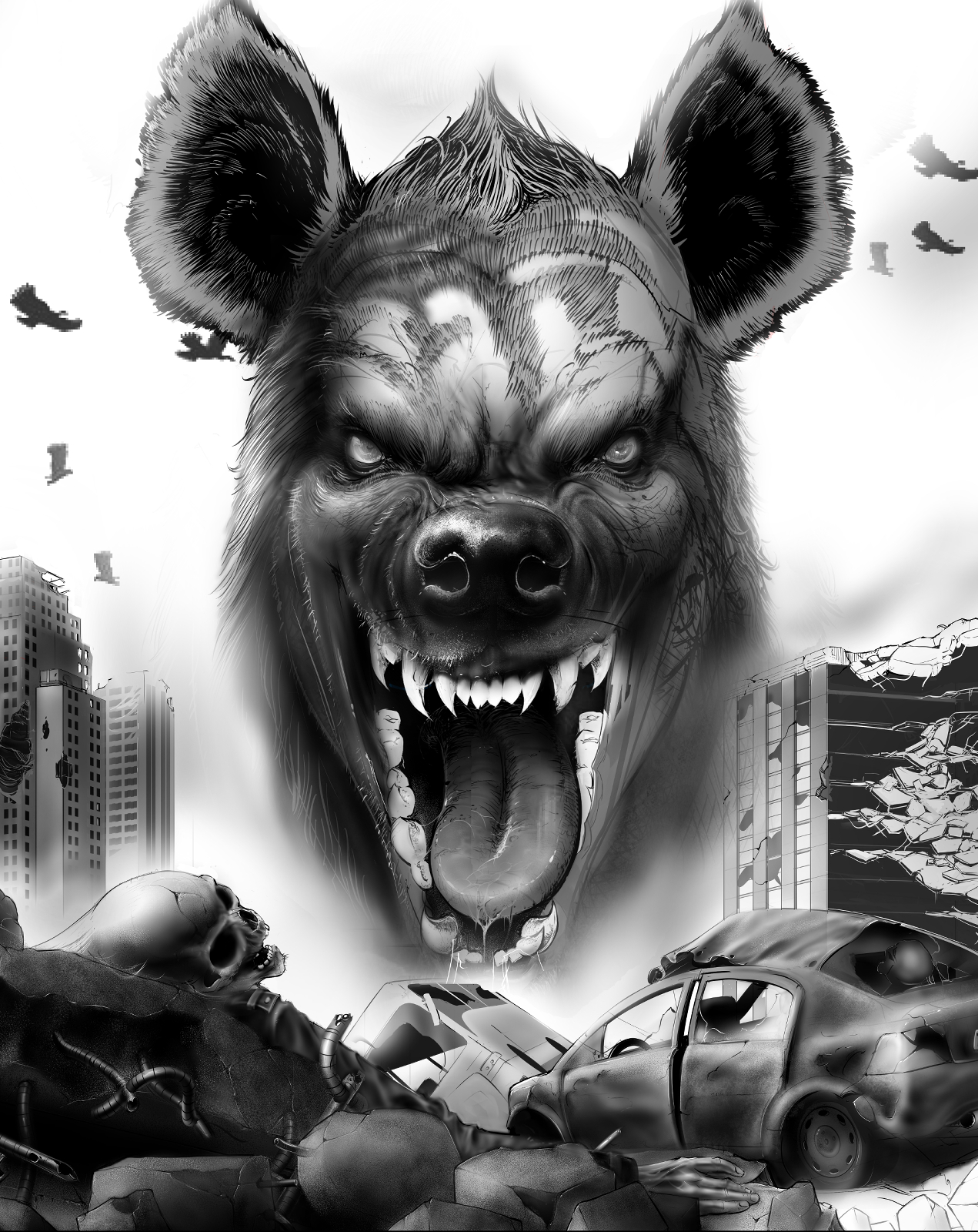 Intero artwork: a snarling hyena over a wrecked city