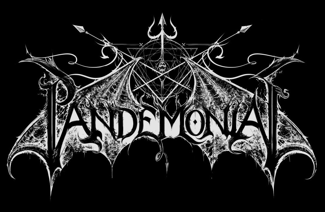 Pandemonial black metal logo: spiked letters under bat wings and a trident
