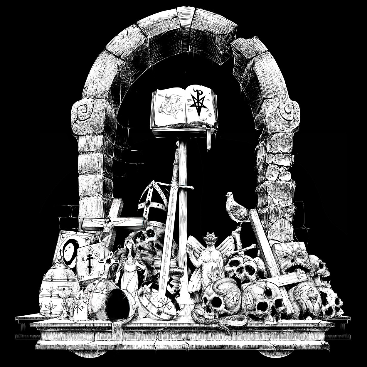 Psalmtanic album cover: a ruined stone arch over an altar of skulls and relics