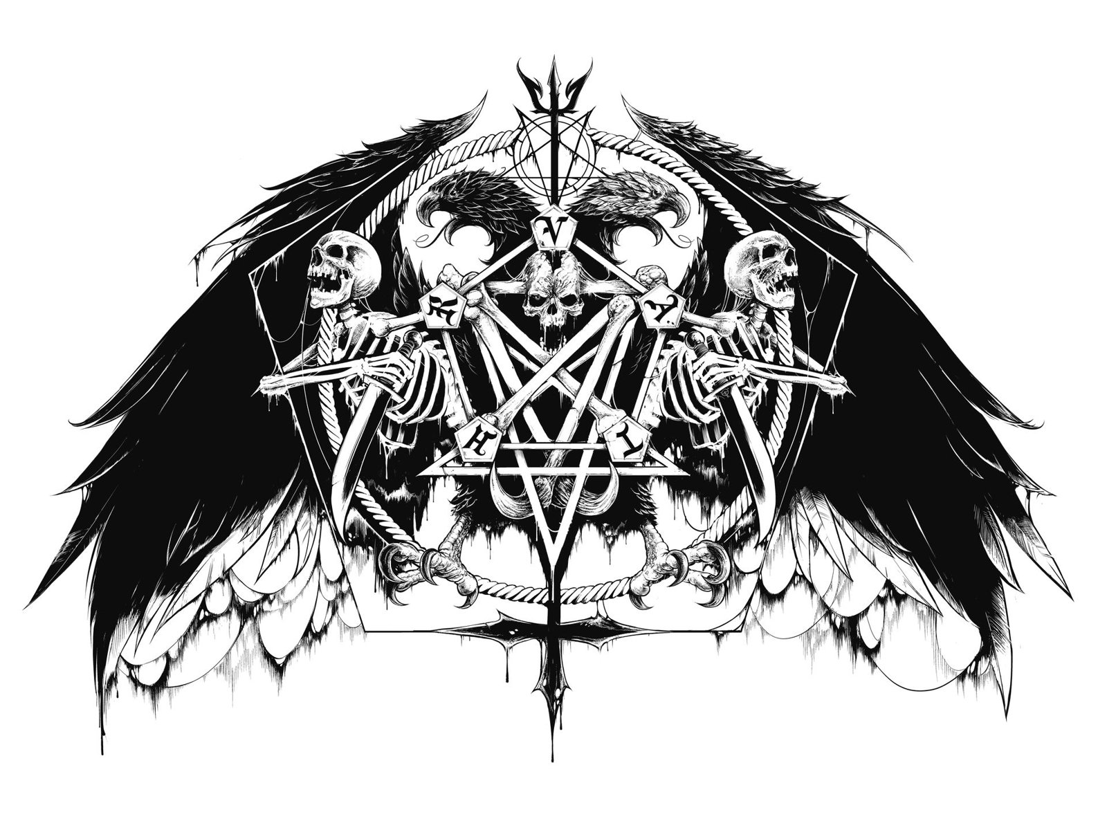 Vathr black metal logo: skeletons, wings and an inverted pentagram